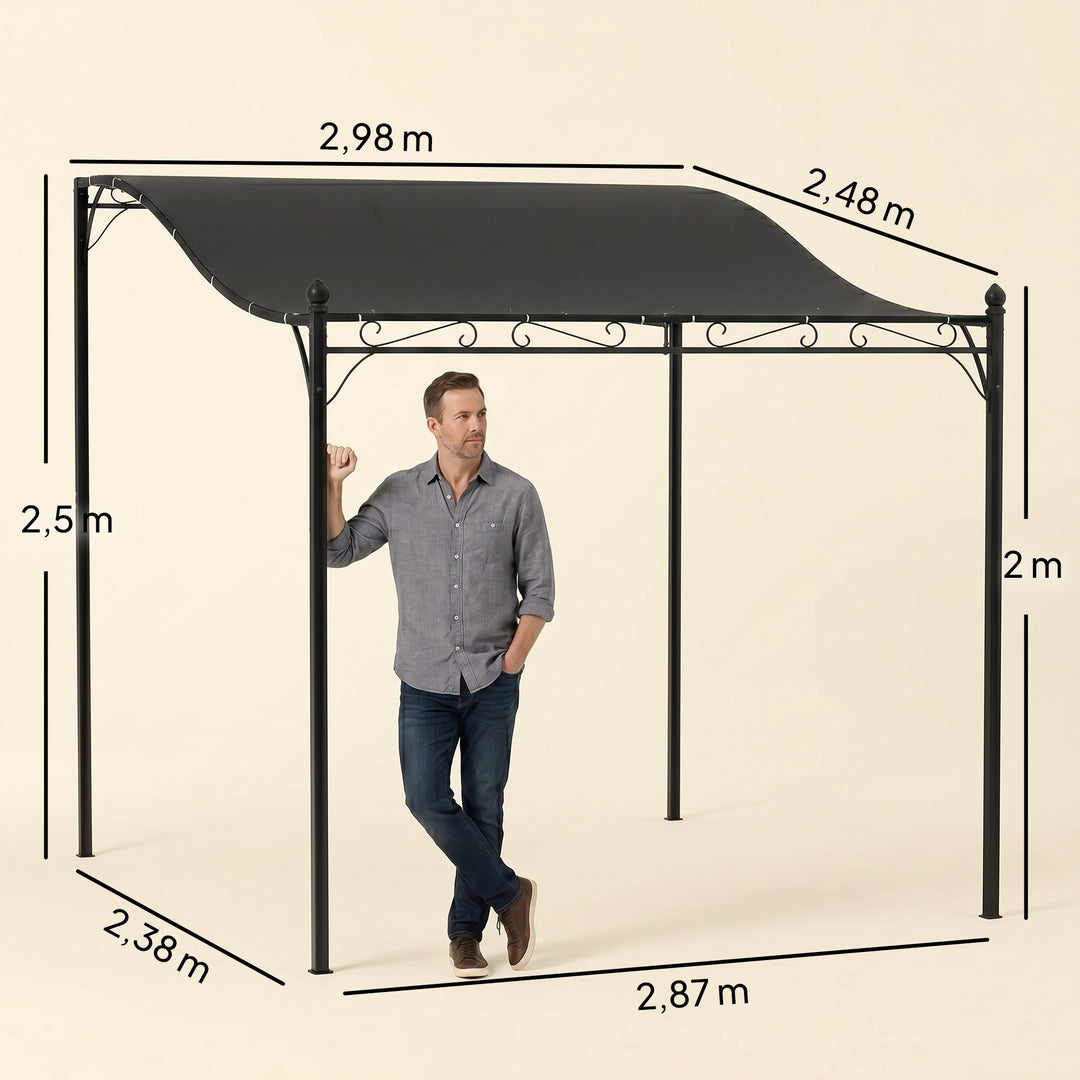 3 x 2,5 m Pergola, Vægmonteret havepavillon, vandafvisende, metalramme, drænhuller, skyggetag, mørkegrå