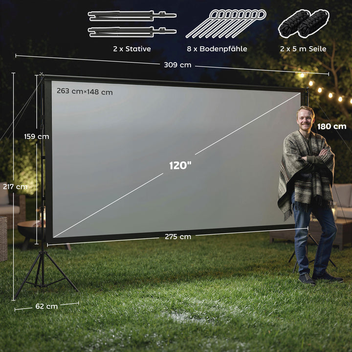 100 tommer 16:9 HD 4K/8K projektorlærred med stativ, bærbar dobbeltsidet lærred med foldbare stativer, hvid