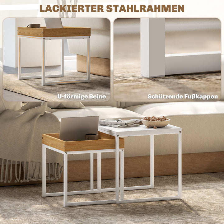 Moderne sofabord, sæt med 2 sofaborde, til små rum, firkantet, mdf, metal, hvid