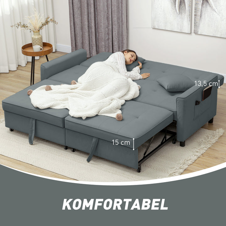Sovesofa, justerbar 3-personers sofa med sengefunktion, sovesofa med udtræksseng, hynder, grå