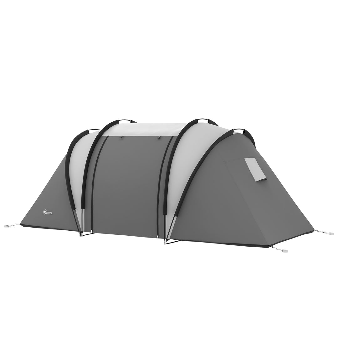 Campingtelt til 4-5 personer, let vandafvisende, familietelt med 3 værelser, sidedør, vindue, grå