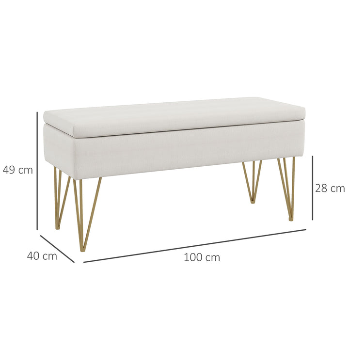 Sengebænk med opbevaring, tyk polstring, åndbart stof, stålfødder, 100x40x49 cm, creme
