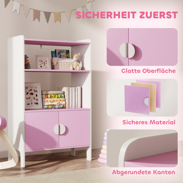 Børnebogreol, 2 hylder, 2 skabe, fritstående, anti-tip design, skridsikre ben, mdf, pink+hvid
