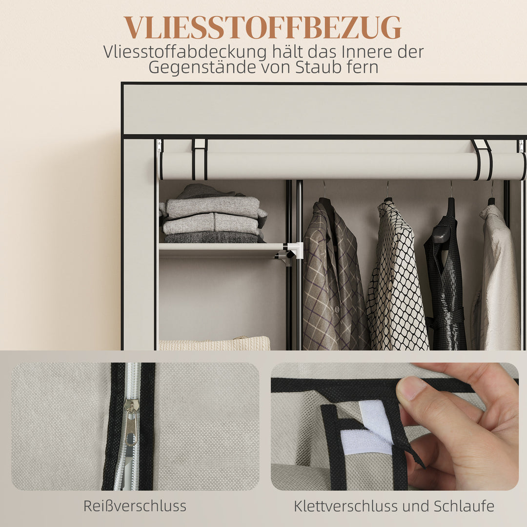 Stofgarderobe, opbevaringsløsning, 6 hylder, 1 garderobestang, cremefarvet
