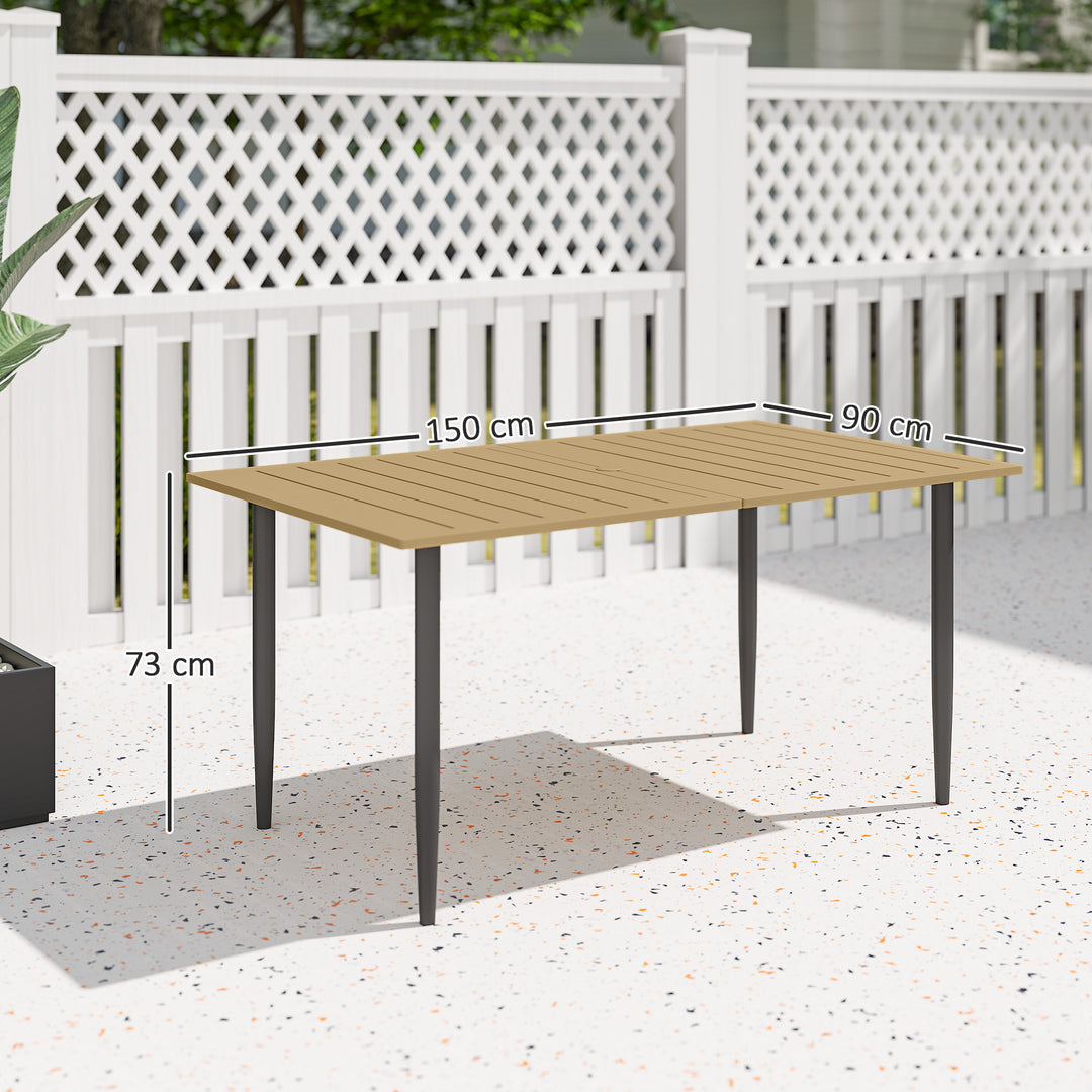 Havebord 150x90cm, vejrbestandigt balkonbord af stål, balkonbord med parasolhul, brunt