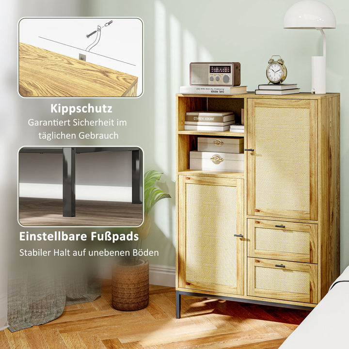 Opbevaringsskab, fleksibel kommode med rottingdøre, skuffer og justerbare hylder, 80b x 40d x 120h cm