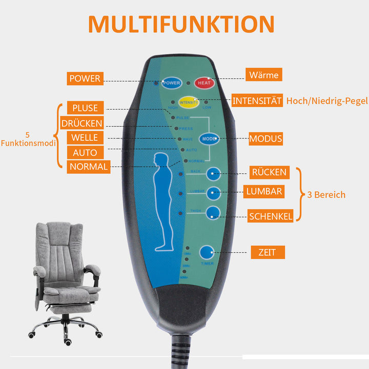 Kontorstol med massagefunktion, ergonomisk skrivebordsstol med varmefunktion, lænefunktion, højdejusterbar drejestol med fodstøtte, sidelomme, grå