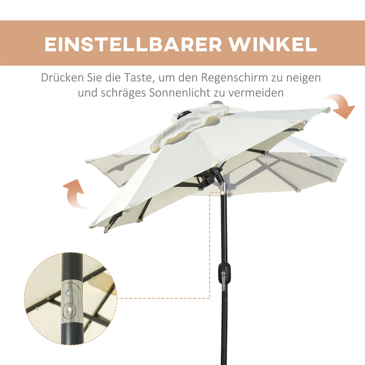Dobbelt parasol, terrasseparasol, vipbar, med solpanel, 35 LED'er, stålramme, beige, 2,92 x 1,50 x 2,18 m