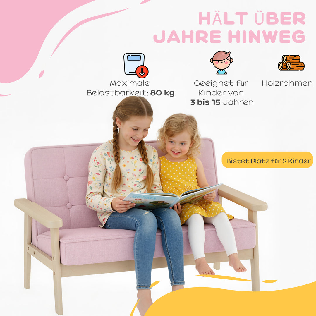 Børnelænestol/sofa med træstel, fløjlslook, polstret, til børn i alderen 3-15 år, lyserød