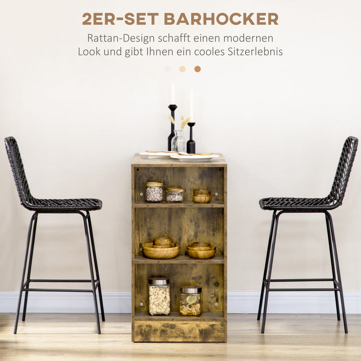 Barstole, sæt med 2, rattan look, fodstøtte, stålstel, skridsikker, op til 120 kg, 42,5 x 52 x 102 cm, sort