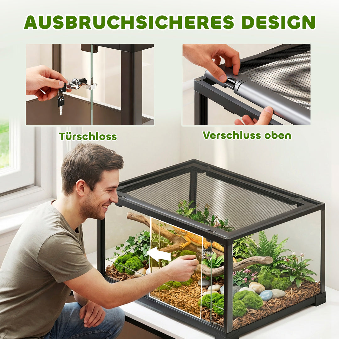 Krybdyrterrarium, 86 liters terrarium med skydedør, aflåselig, til firben, insekter, edderkopper, gekkoer, 60 x 45 x 32 cm, sort