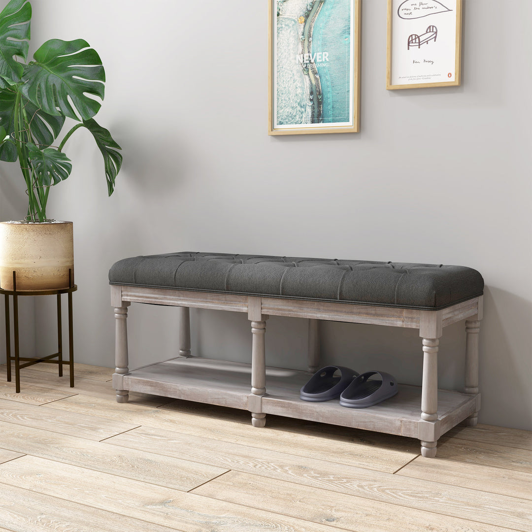 Vintage design opbevaringsbænk med knapper, gummitræ, 115x40x48cm, grå