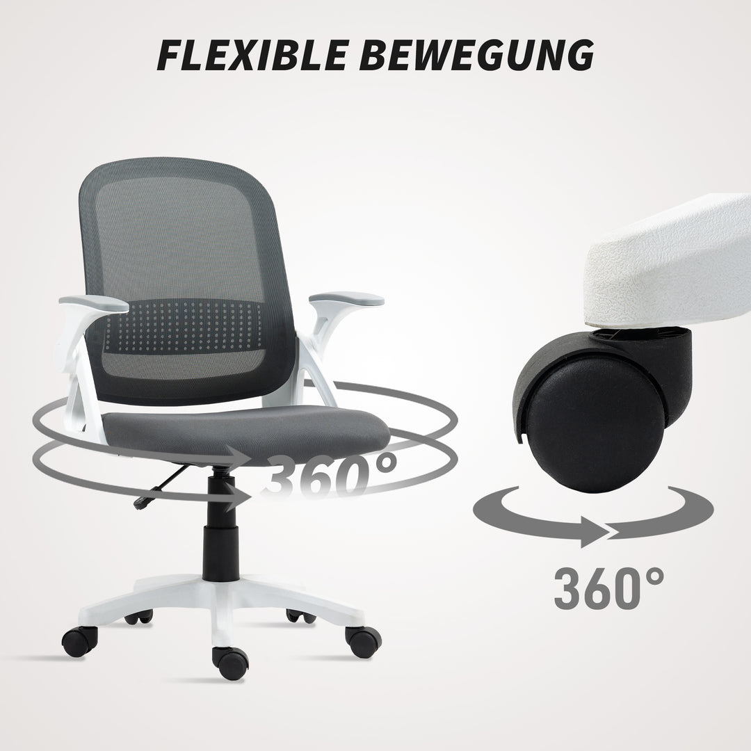 Åndbar netkontorstol, ergonomisk drejestol med foldbare armlæn og lændestøtte, grå