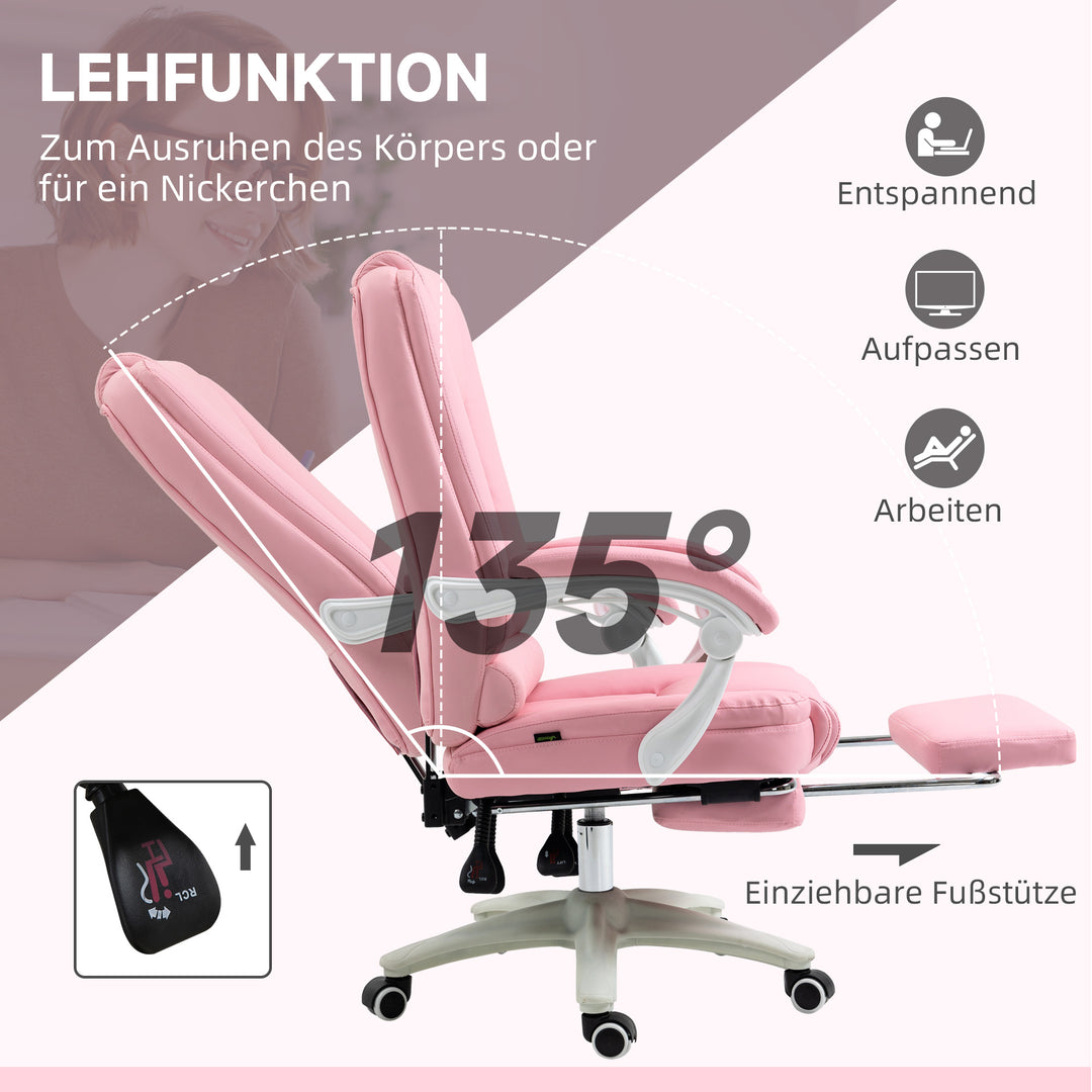 Kontorstol med fodstøtte, justerbar ryglæn, højdejusterbar, 5 hjul, pink + hvid
