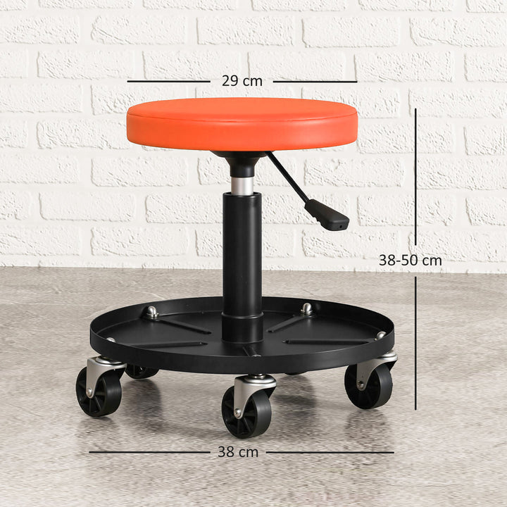 Værkstedsskammel med hjul, højdejusterbar 38-50 cm, maksimal belastning 135 kg, orange