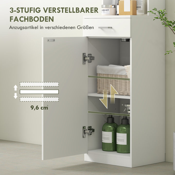 Højt badeværelsesskab, slankt design, skuffe, hylder, skab, spånplade, hvid