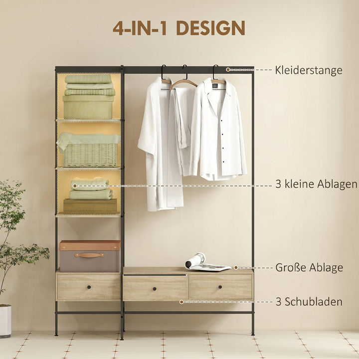 Knagerække med hylder, skuffer og garderobestang, 180 cm fritstående garderobestativ i moderne stil, metalramme, egetræ