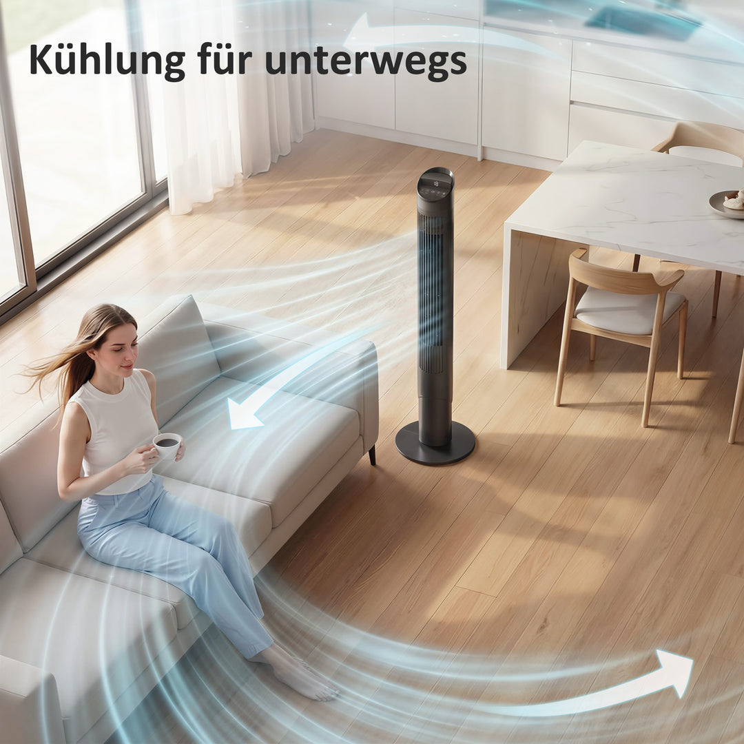 116 cm tårnventilator, standerventilator med fjernbetjening, WiFi-app-styring, 65° oscillation, 6 hastigheder, 4 tilstande