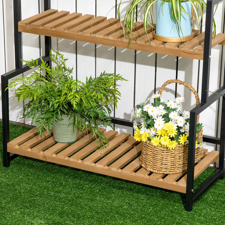 Plantestativ med 3 niveauer og monteringskroge, blomsterstativ af naturtræ, 80 cm x 36 cm x 174 cm, naturtræ