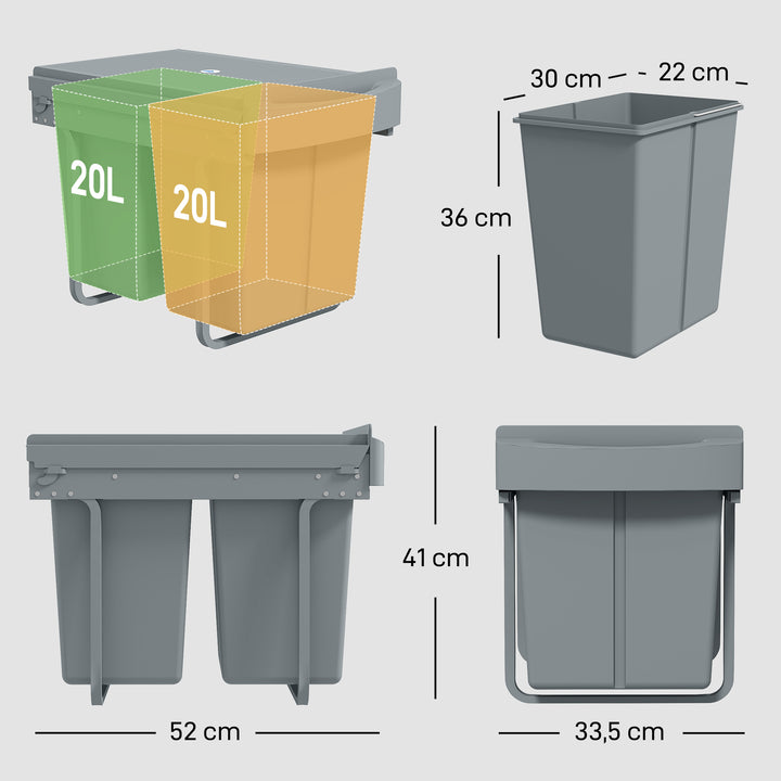Udtrækkelig affaldsbeholder, 2 x 20 L, aftagelige beholdere, plast, metal, grå