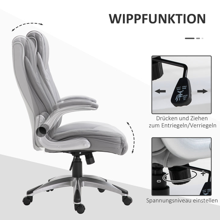 Kontorstol, ergonomisk drejestol, computerstol med vippefunktion, højdejusterbar med nakkestøtte og polstrede armlæn, kunstlæder, grå, 70 x 71 x 113–121 cm