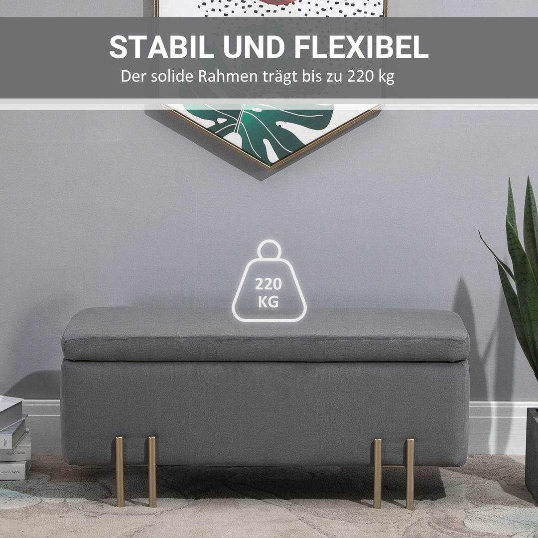 Bænk med opbevaringsplads, polstret bænk med fløjlslook, kommode med metalben, kommodebænk til stue, soveværelse, entre 100 x 40 x 42 cm, mørkegrå