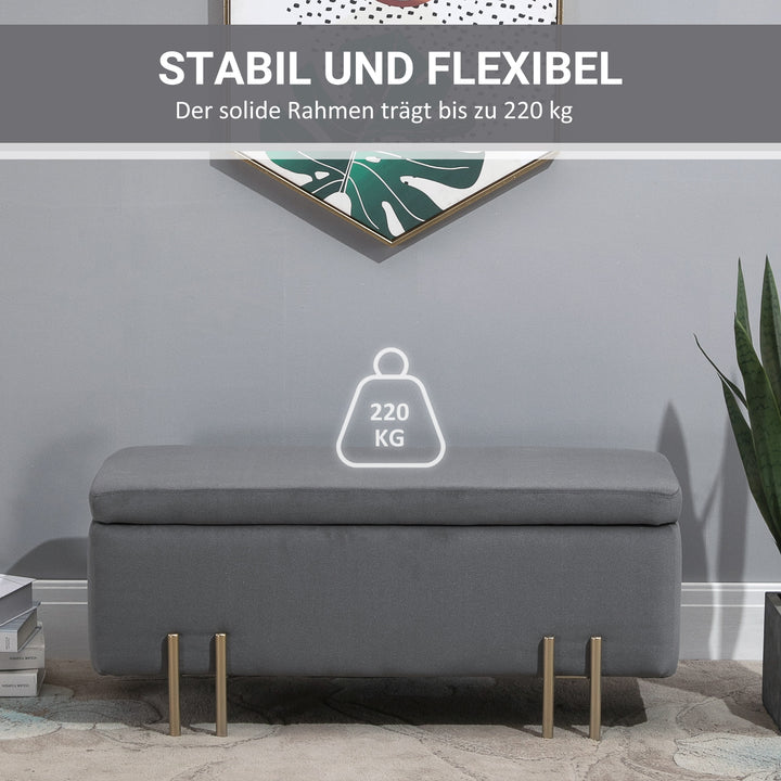 Bænk med opbevaringsplads, polstret bænk med fløjlslook, kommode med metalben, kommodebænk til stue, soveværelse, entre 100 x 40 x 42 cm, mørkegrå