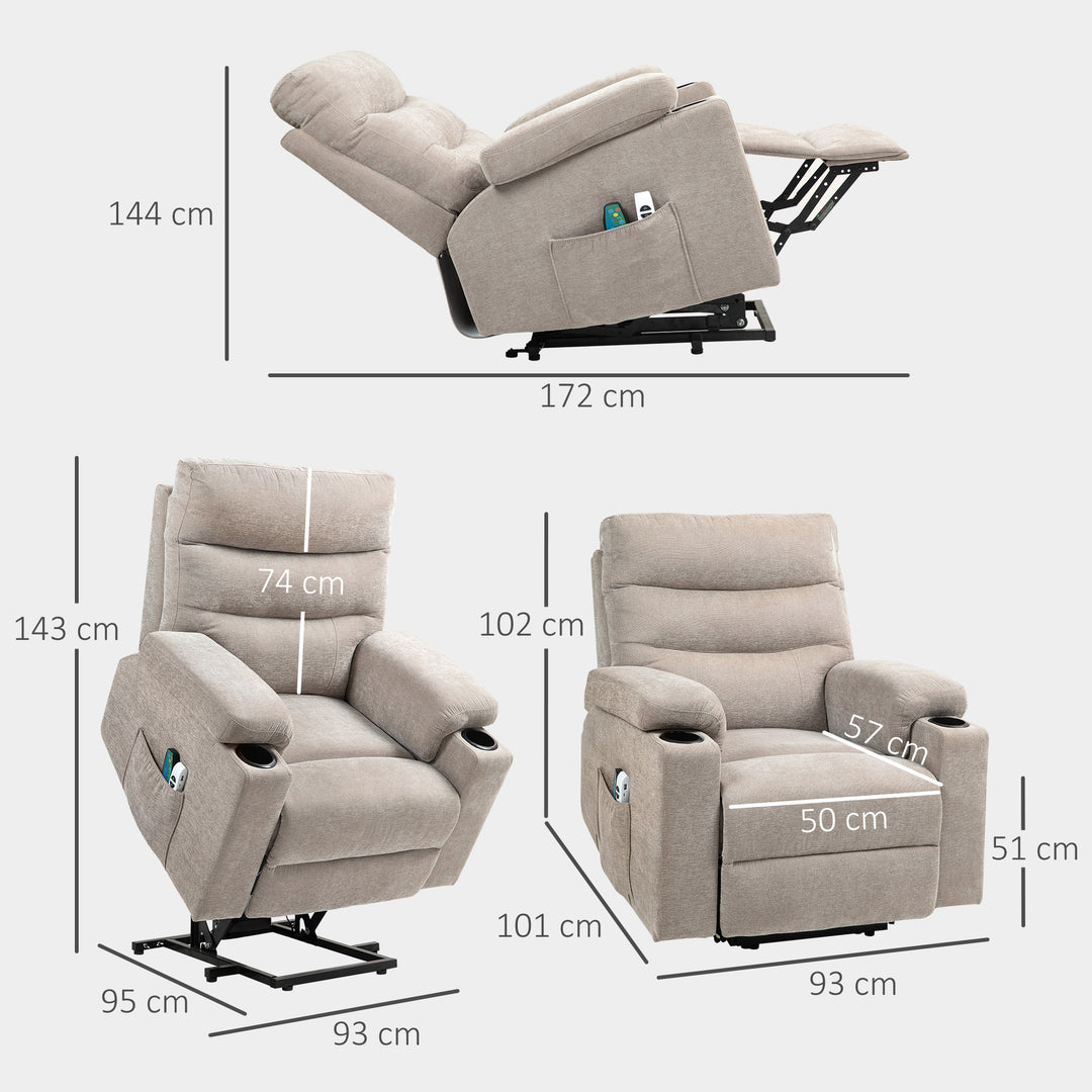 Massagestol med stand-up-funktion, 8 vibrationsmassagepunkter, elektrisk polstret stol med 2 fjernbetjeninger, lysebrun