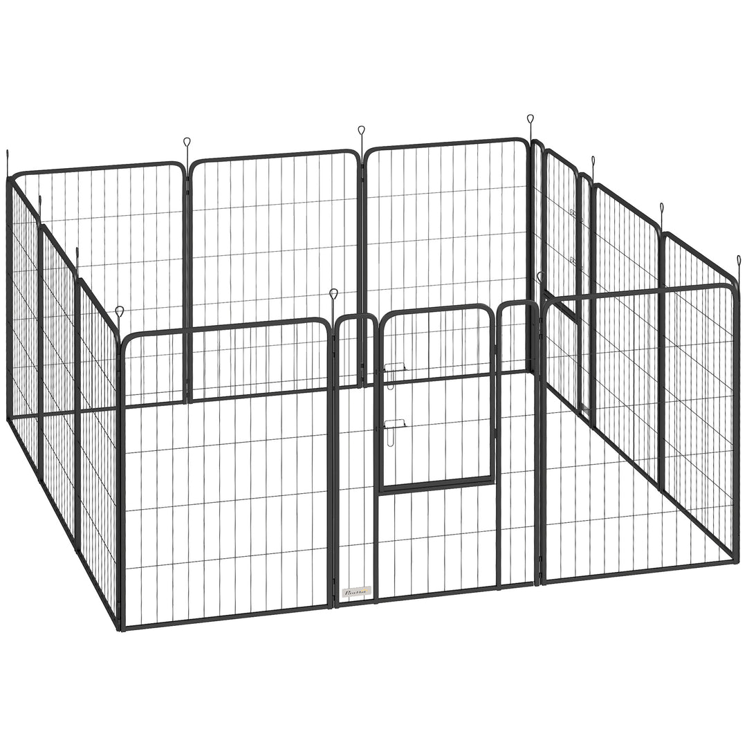 Hvalpekravlegård, sæt med 12 dele, med 12 netpaneler, dør, jordpløkker, fleksibelt foldbart design og 100 cm højt beskyttelsesovertræk.