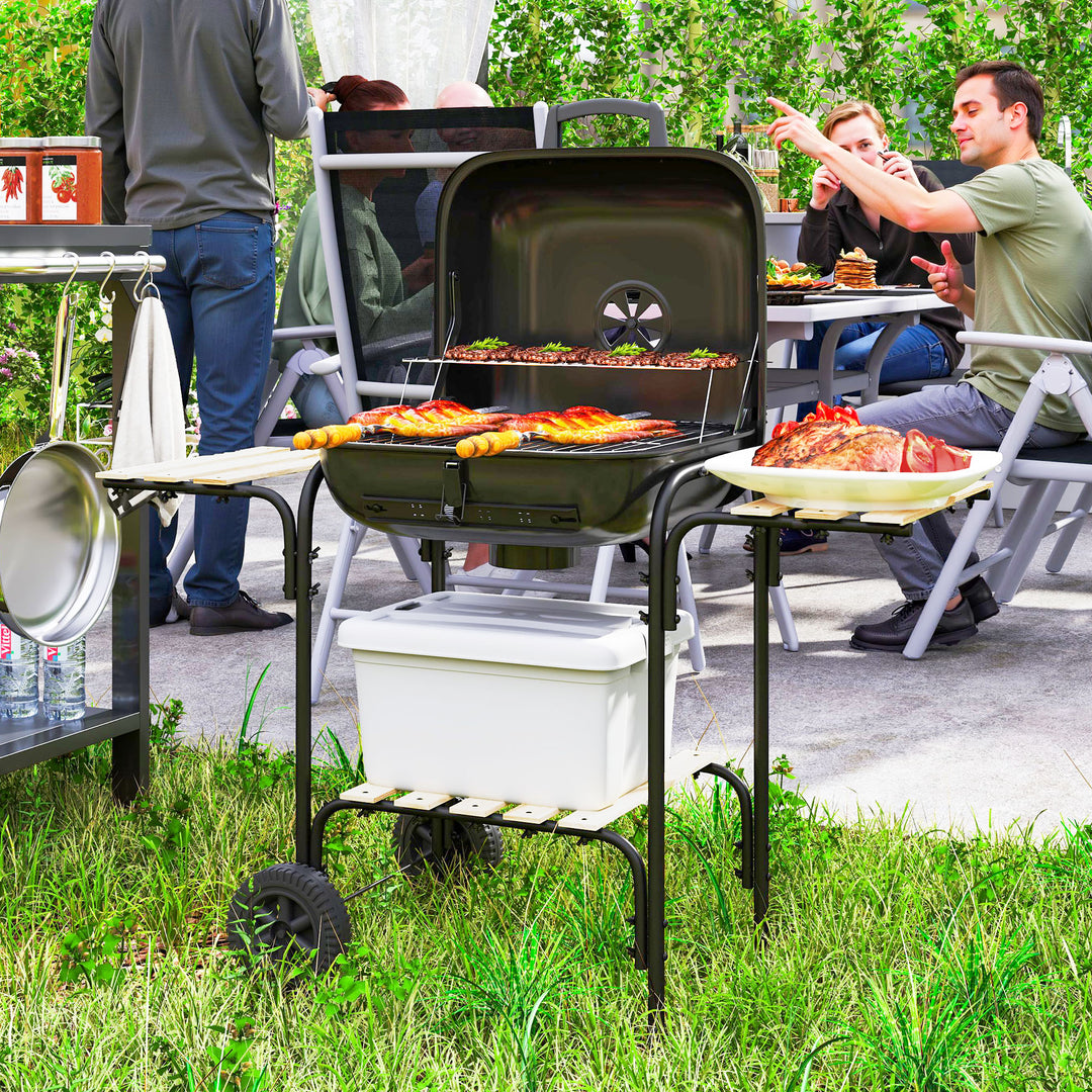 Kulgrill af stål, grillvogn med aflåseligt låg, grillrist, hjul, håndtag, træhylde, 98 x 54 x 91 cm, sort