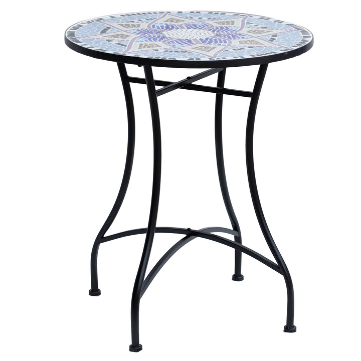 Havebord Ø60 x H71cm, vejrbestandigt metal balkonbord, udendørs spisebord, campingbord, sidebord, rundt terrassebord til have, terrasse, altan, blå+hvid