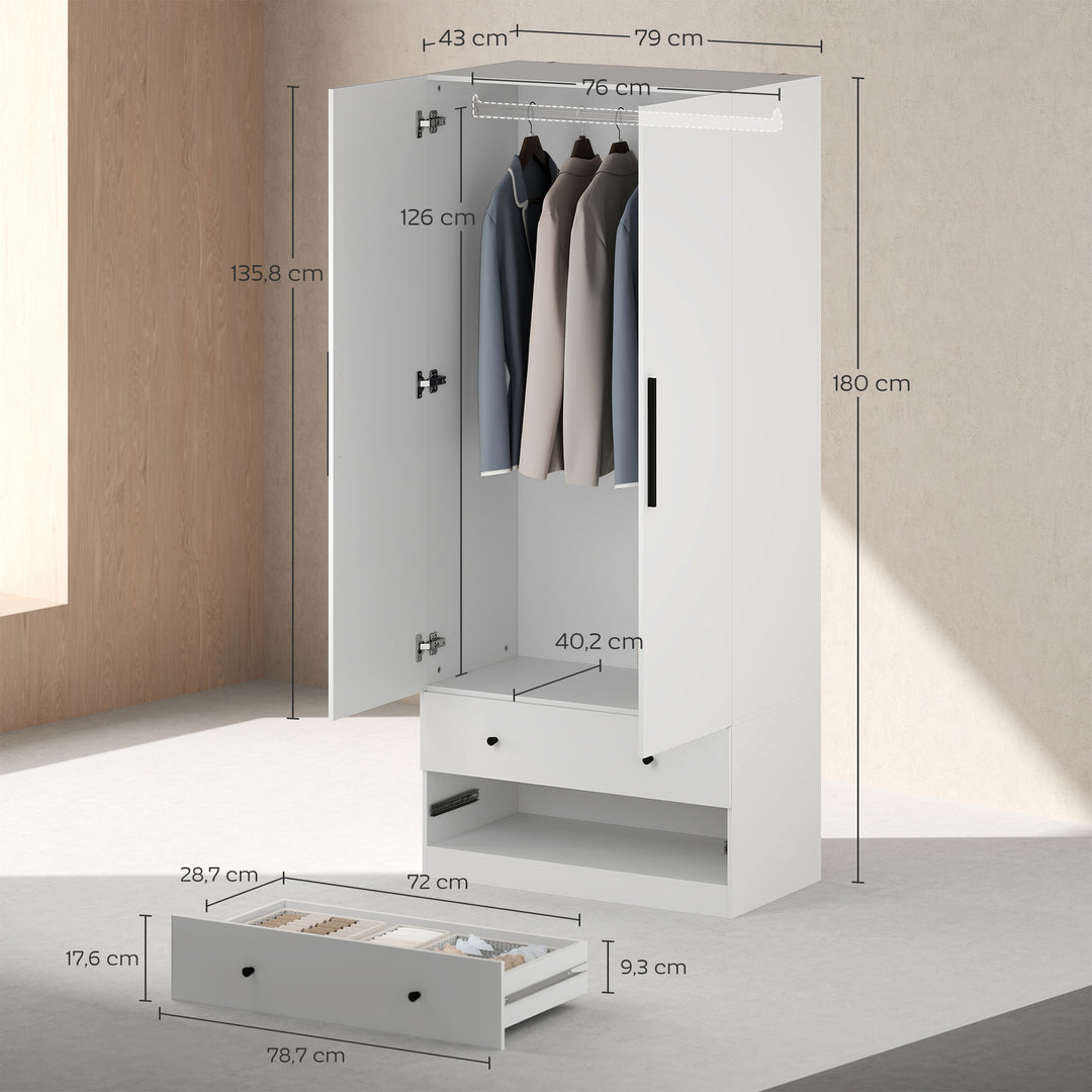 Garderobe, 2 døre, bøjleområde, bøjlestang, 2 skuffer, spånplade, hvid