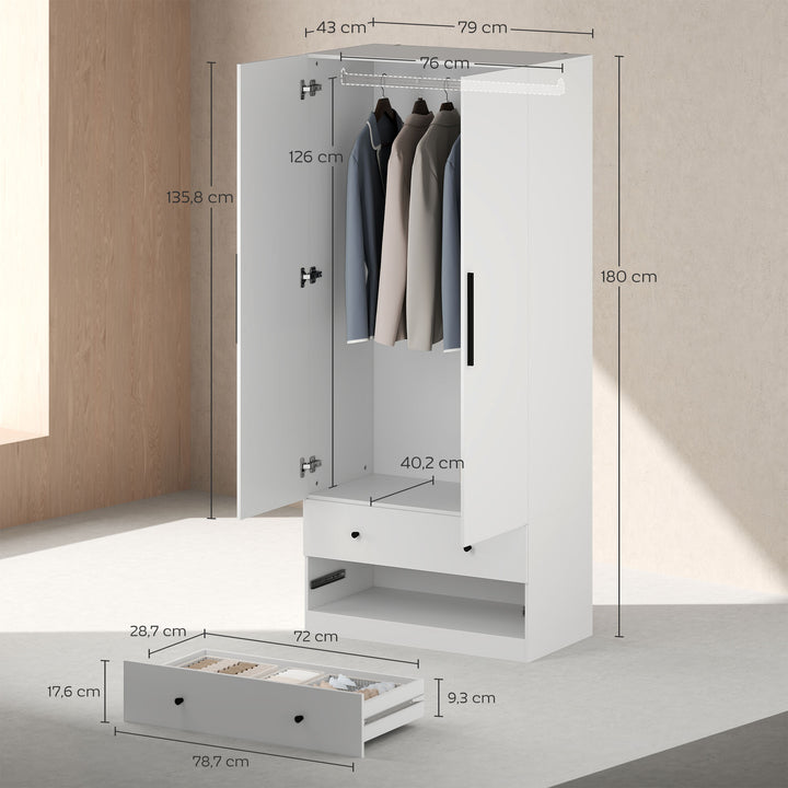 Garderobe, 2 døre, bøjleområde, bøjlestang, 2 skuffer, spånplade, hvid
