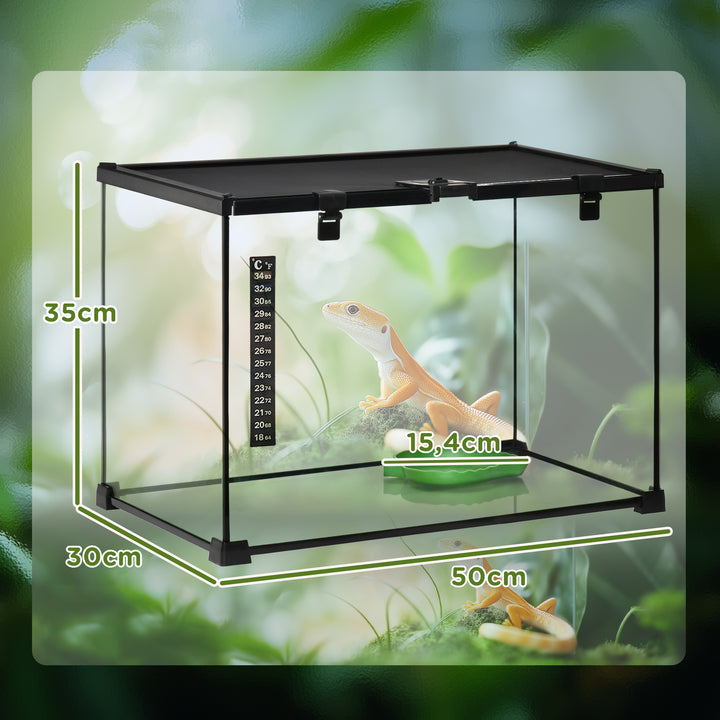Terrarium til krybdyr, foderkasse til krybdyr, glasterrarium, padder, spindlere med termometer, krybdyravlskasse, metal, sort 50 x 30 x 35 cm