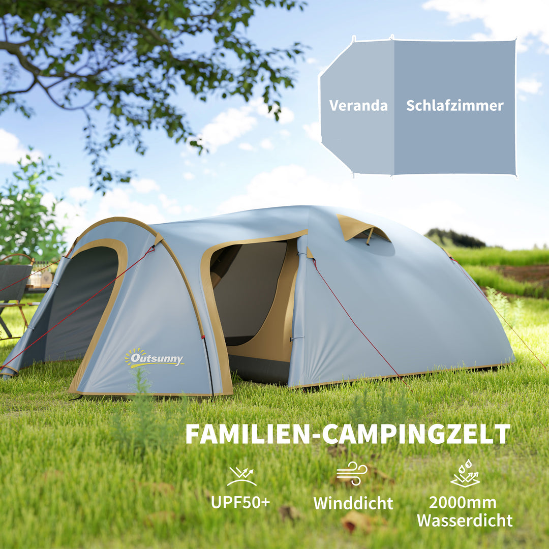 Campingtelt til 4 personer, vandtæt tunneltelt med 2 døre, kroge, pakkepose, 3,45 x 2,4 x 1,3 m, lyseblå