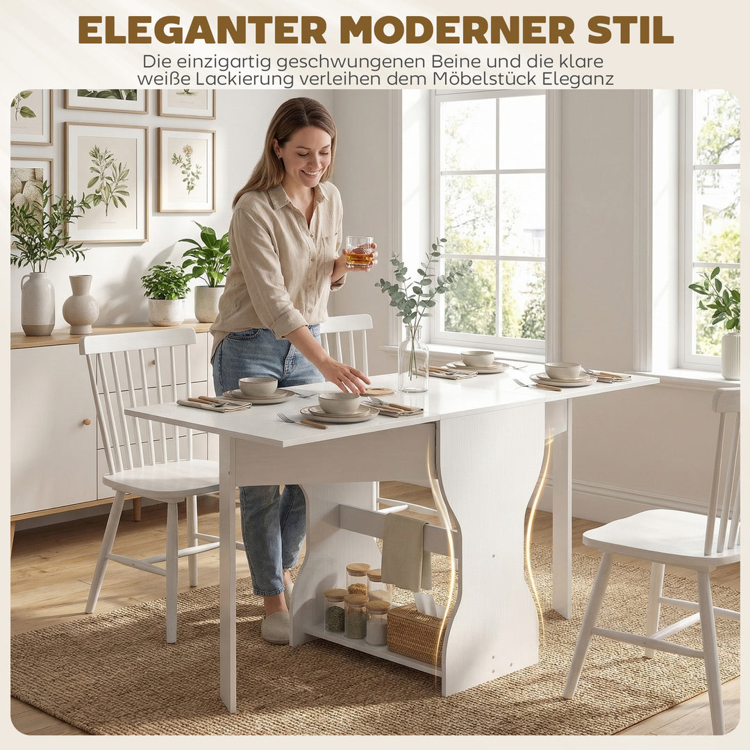 Klapbart spisebord, køkkenbord med opbevaring til 2-4 personer, klapbord til små rum, spisestue, 160 x 60 x 75 cm, hvid