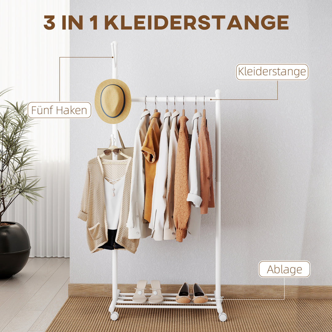 Tøjstativ med hjul, mobil garderobestativ med tøjstang, 5 kroge, skostativ, hvid