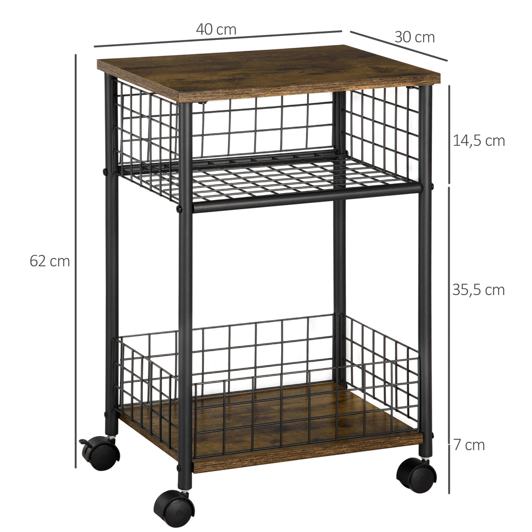 Køkkenvogn i industrielt design 1 hylde 1 opbevaringskurv 4 hjul 40 cm x 30 cm x 62 cm stål sort + brun
