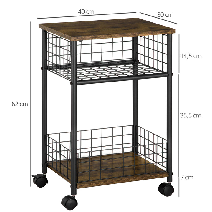 Køkkenvogn i industrielt design 1 hylde 1 opbevaringskurv 4 hjul 40 cm x 30 cm x 62 cm stål sort + brun