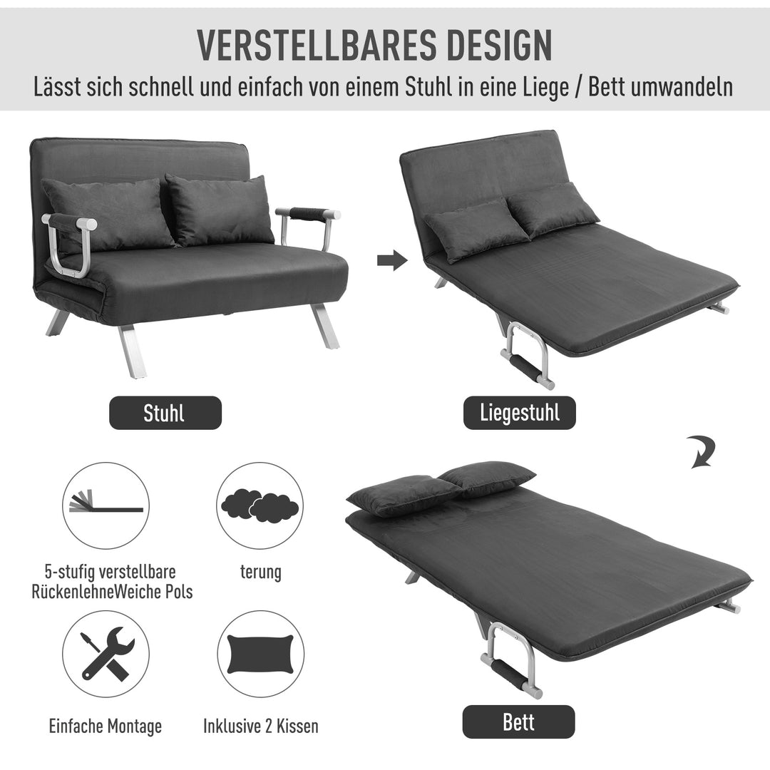 Sovesofa med justerbar ryglæn, pyntepuder, sofa med sovefunktion, fløjlslook, armlæn, gæsteseng, klapstol til stue, soveværelse, grå
