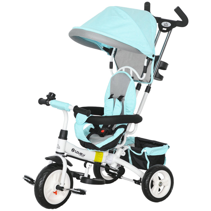 6-I-1 børnetrecykel med skubbehåndtag, kaleche, bælte, opbevaringskurv, til 1-5 år, grøn