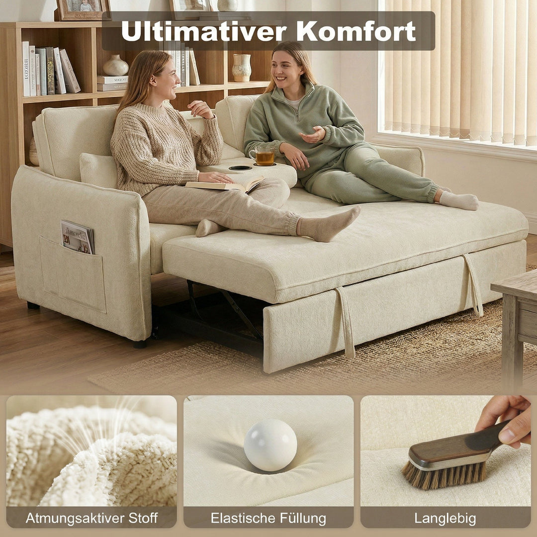 3-i-1 justerbar sovesofa, to-personers med kopholdere, justerbar ryglæn og sidelommer, beige