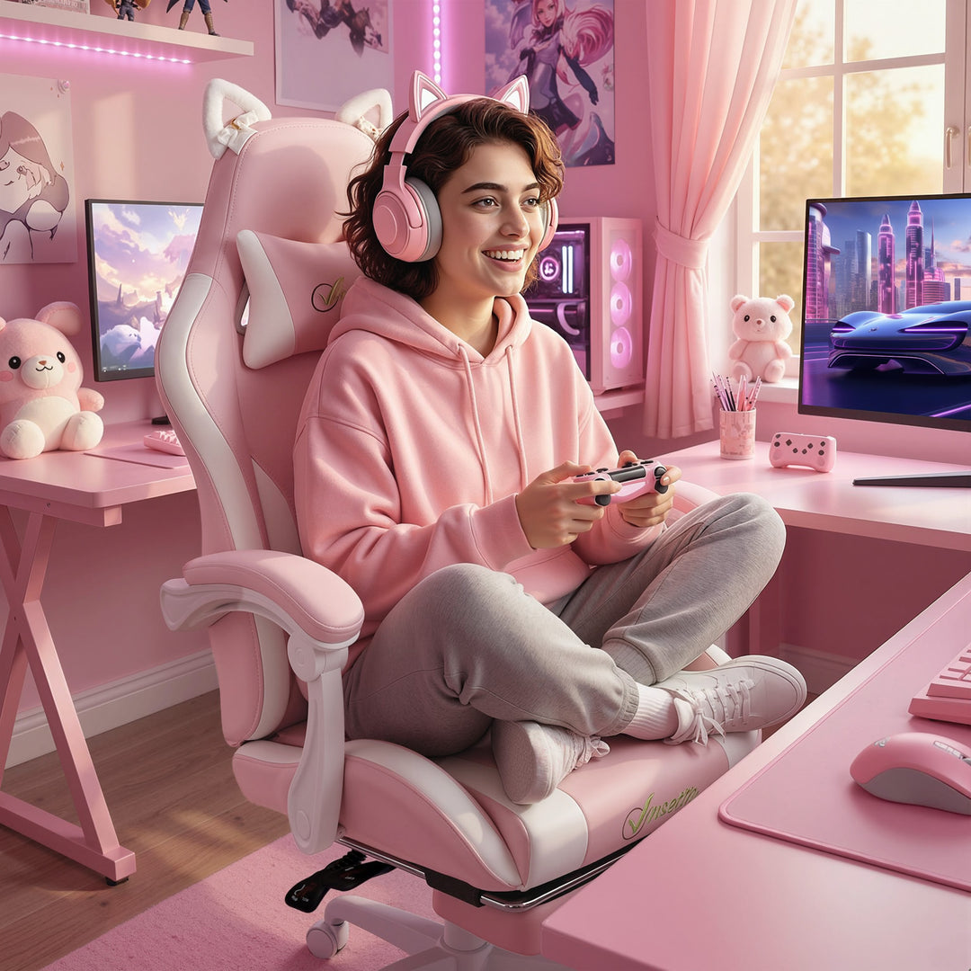Ergonomisk gamingstol, katteøre gamerstol lavet af kunstlæder med lændestøtte, fodstøtte, nakkestøtte, pink
