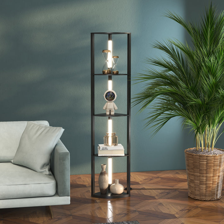 Led gulvlampe, hjørnehylde, dæmpbar, 4 hylder, varmt hvidt lys, 41 x 30 x 164 cm, sort