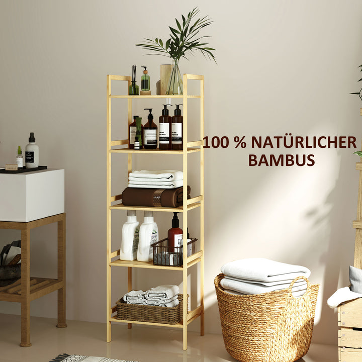 Badeværelseshylde i bambus med 5 niveauer, opbevaringsstativ med justerbare hylder, 43,5 x 31,5 x 142 cm, naturtræ