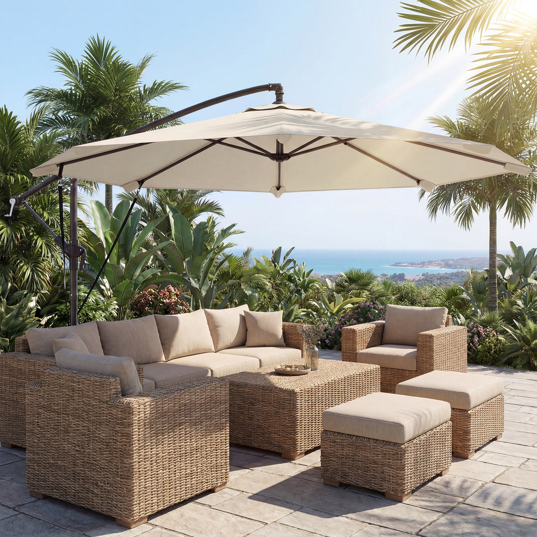 Fritstående parasol ca. Ø300 cm, vipbar, med håndsving, krydsfod, vindreb og beskyttelsesovertræk, cremehvid