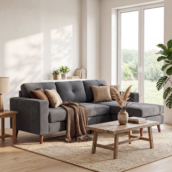 Hjørnesofa 192 cm L-formet 3-personers sofa med vendbar chaiselong, corduroy-look, til små rum, mørkegrå
