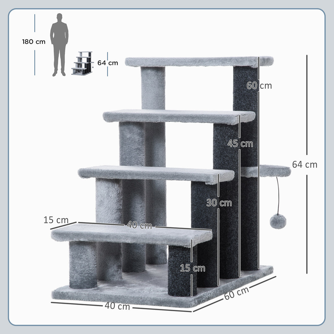 Kattetrappe 4-trins kæledyrstrappe med kradsetræer bold hundetrappe kæledyrstrappe til katte op til 5 kg plys jute grå 60 x 40 x 64 cm