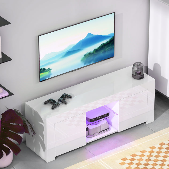 TV-skab med LED-belysning, 2 skabslåger, glashylde, kabelhuller, til stue, spånplade, hvid