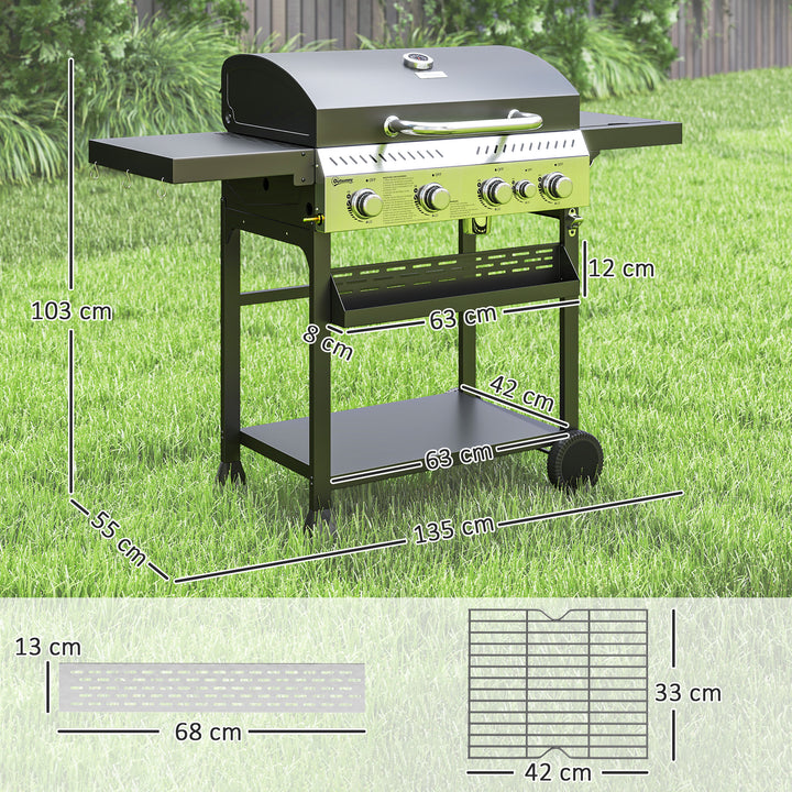 Gasgrill, BBQ-grill, 4 hovedbrændere, 1 sidebrænder, 1 varmeplade; 135 x 55 x 103 cm, sort